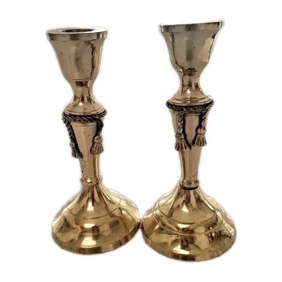 Sticks Other - VTG Set Brass Taper Candlestick Holders‎ Tassel Rope Mantel Cottagecore Timeless